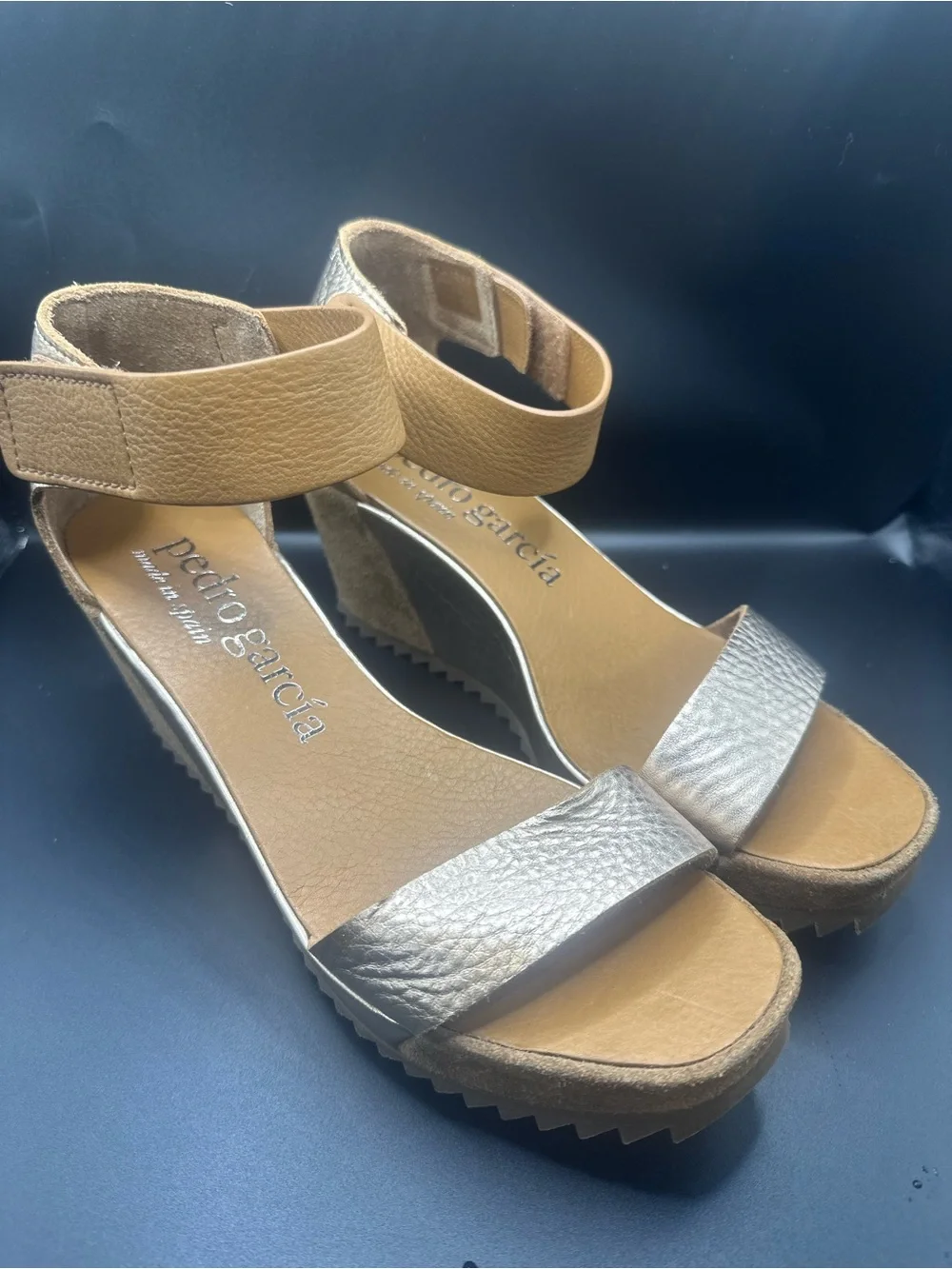 Pedro Garcia Women's Metallic Silver and Tan Wedge Sandals